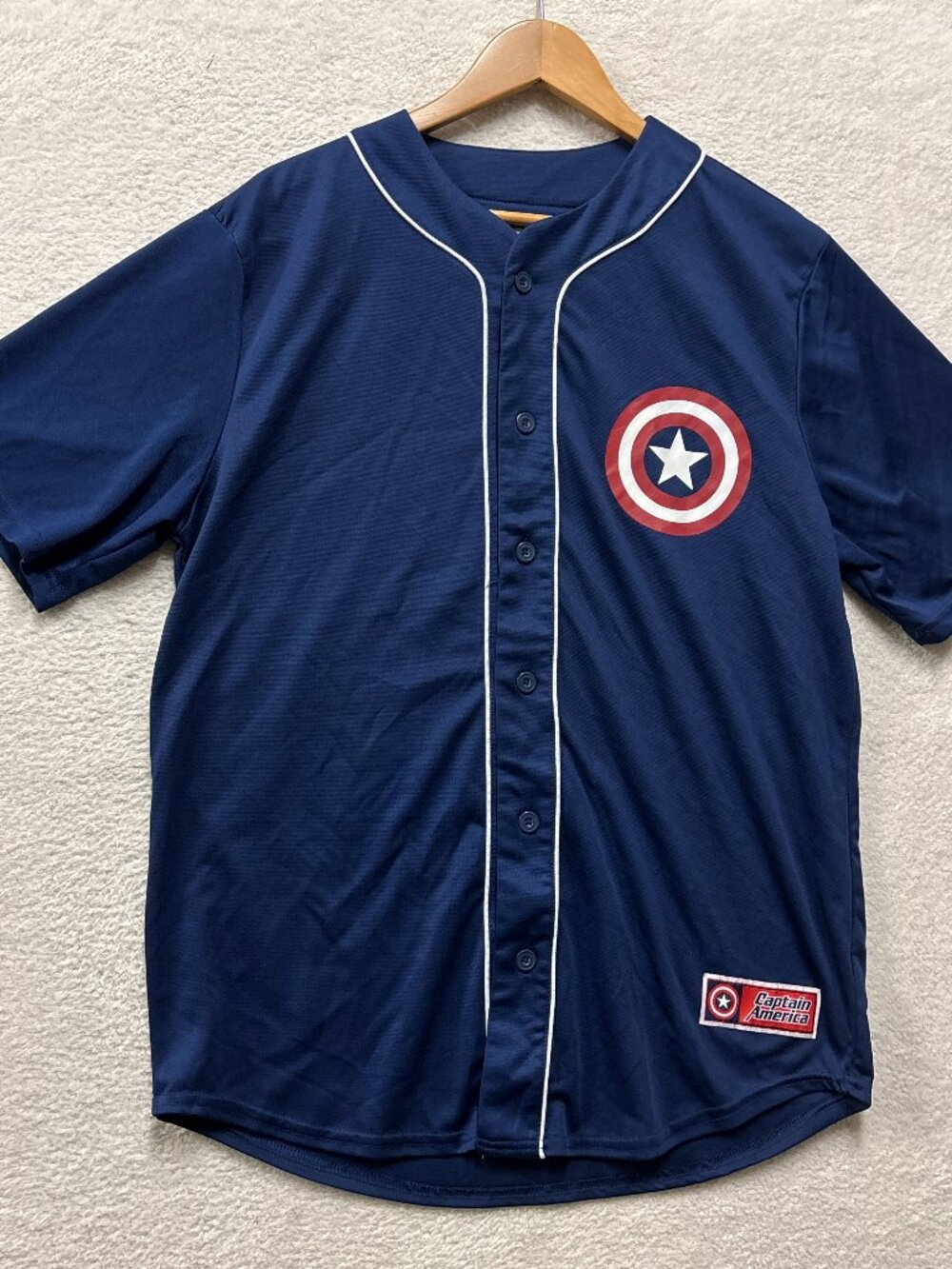 Marvel Captain America Baseball Jersey Mens Medium Blue Button Up Mad Engine Pat